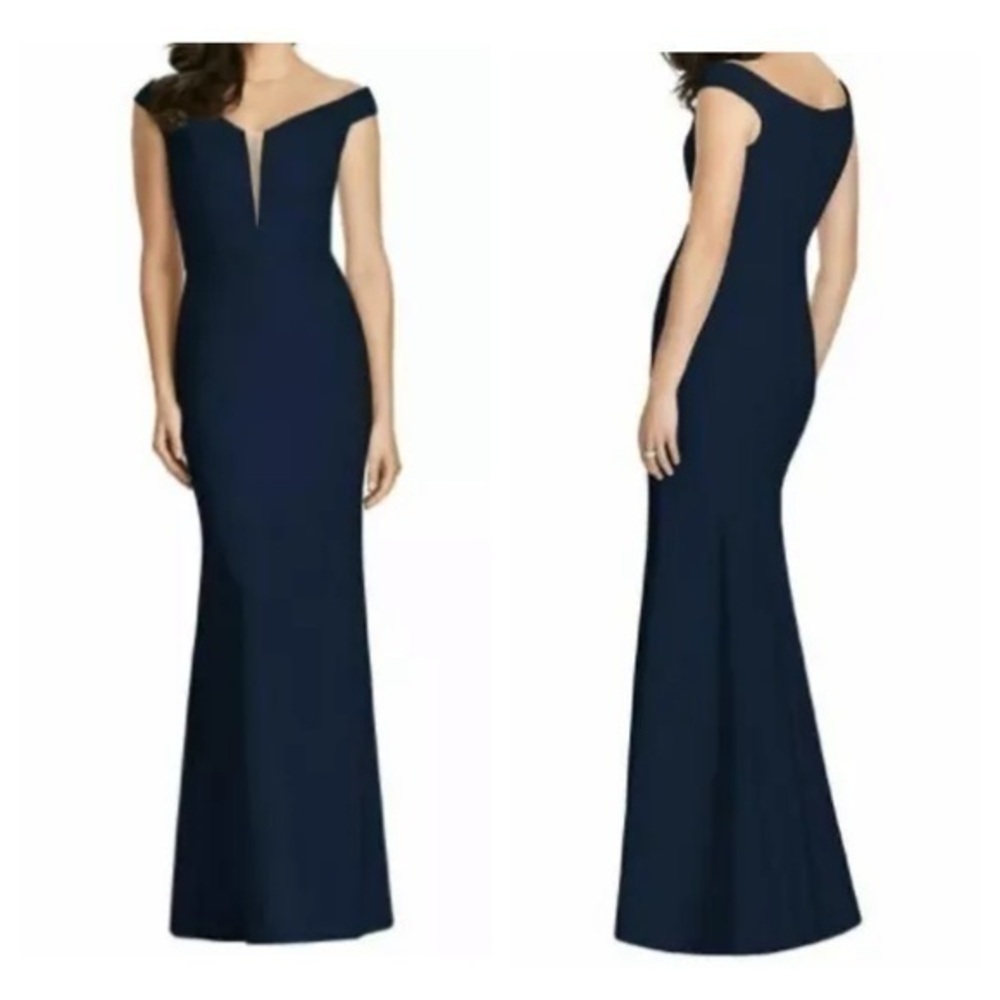 NWT Dessy Collection Midnight Off-the-Shoulder Deep Notch Trumpet Gown JJ24